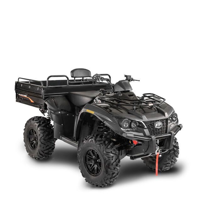 A black atv with a cargo box on the back is on a white background.