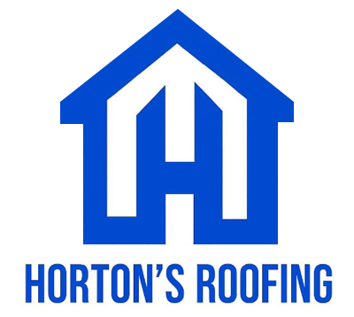 Blue Horton's Roofing logo: stylized house shape with letter "H" inside; blue text below.