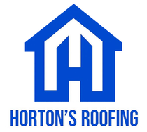 Blue Horton's Roofing logo: stylized house shape with letter "H" inside; blue text below.