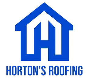 Blue Horton's Roofing logo: stylized house shape with letter "H" inside; blue text below.