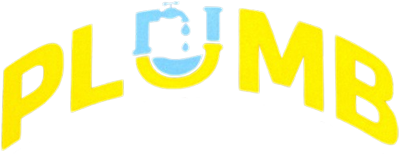 Yellow word &ldquo;PLUMB&rdquo; with a blue faucet forming the U on a white background