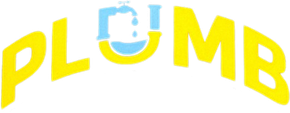 Yellow word &ldquo;PLUMB&rdquo; with a blue faucet forming the U on a white background