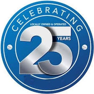 A blue circle that says celebrating 25 years