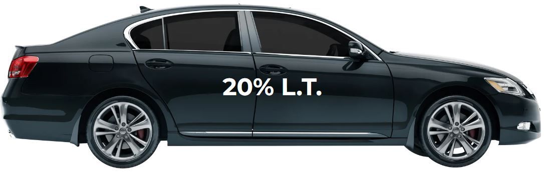 A black car with 20 % lt written on the side of it.