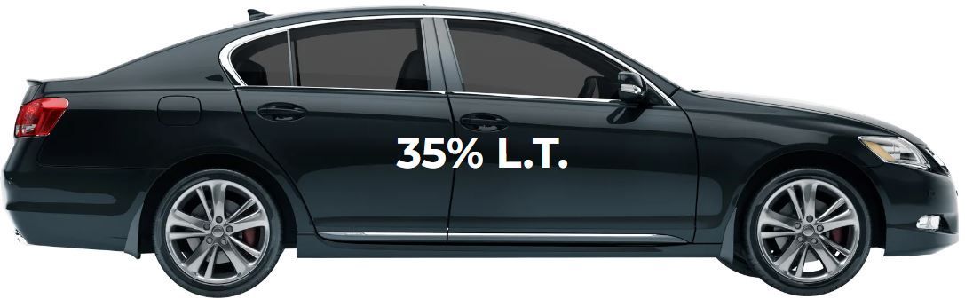 A black car with 35 % lt written on the side of it.