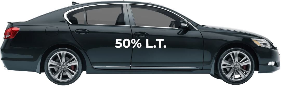 A black car with a 50 % lt sticker on the side of it.