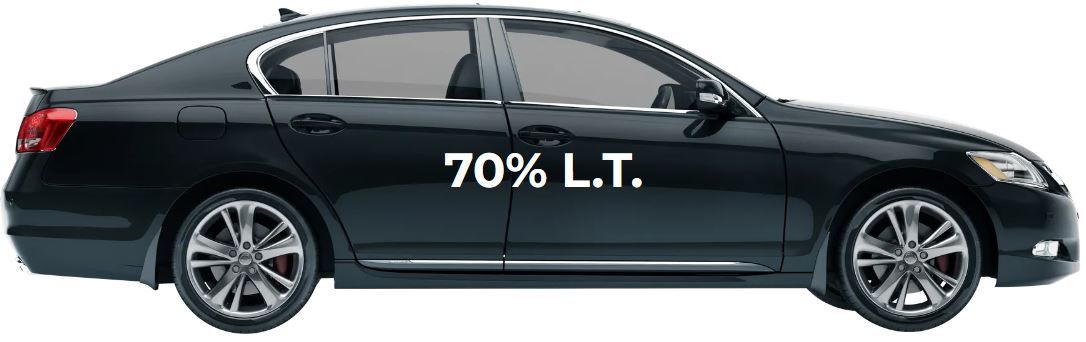 A black car with 70 % lt written on the side of it.