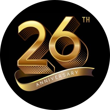 Golden 26th Anniversary logo on a black background, with ribbon banner.