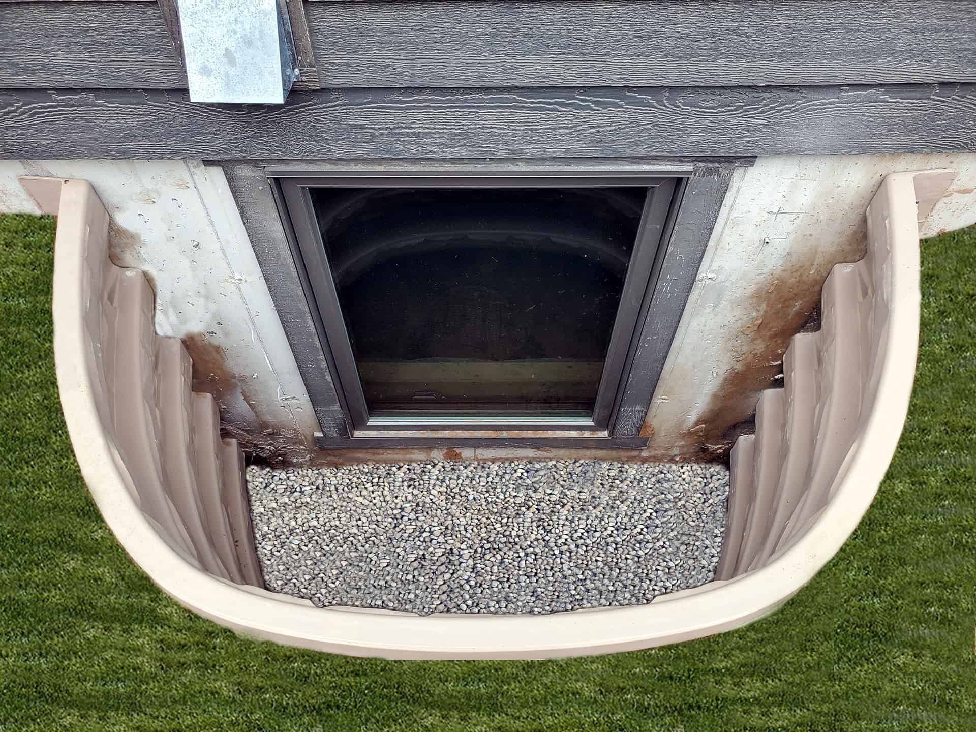 An aerial view of a basement door with stairs leading up to it.