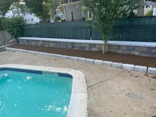 Swimming pool corner with blue water, concrete deck, green fence, and trees in the background