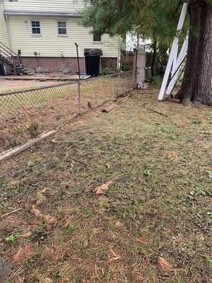 Backyard with chain-link fence, tree, and leaning white boards beside a beige house