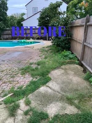 Backyard with pool, fence, patio stones, and large blue “BEFORE” text overlaid