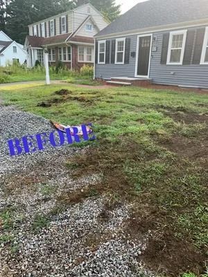 Front yard with patchy grass and gravel, houses in background, blue “BEFORE” text overlay.
