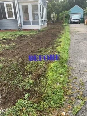 Front yard with freshly cleared soil beside a gray house and driveway, with a car parked near trees.