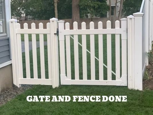 White picket gate and fence in a yard, with “GATE AND FENCE DONE” text at bottom.