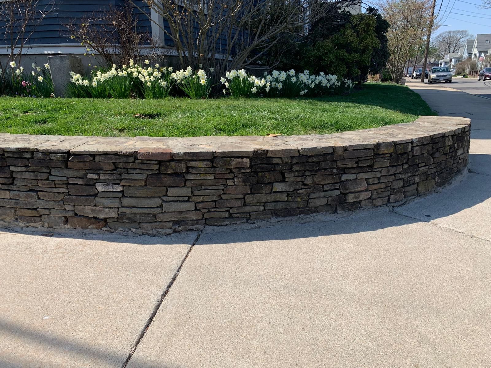 Curved stone planter with green grass and white flowers beside a paved street