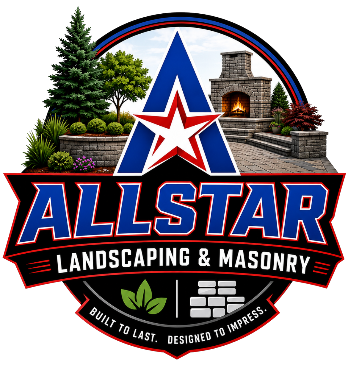 Allstar Landscaping & Masonry logo with red, blue, and black emblem, trees, stonework, and tagline