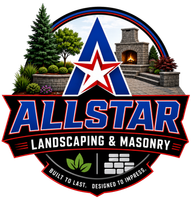 Allstar Landscaping & Masonry logo with red, blue, and black emblem, trees, stonework, and tagline