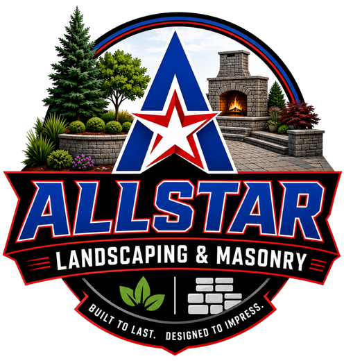 Allstar Landscaping & Masonry logo with red, blue, and black emblem, trees, stonework, and tagline