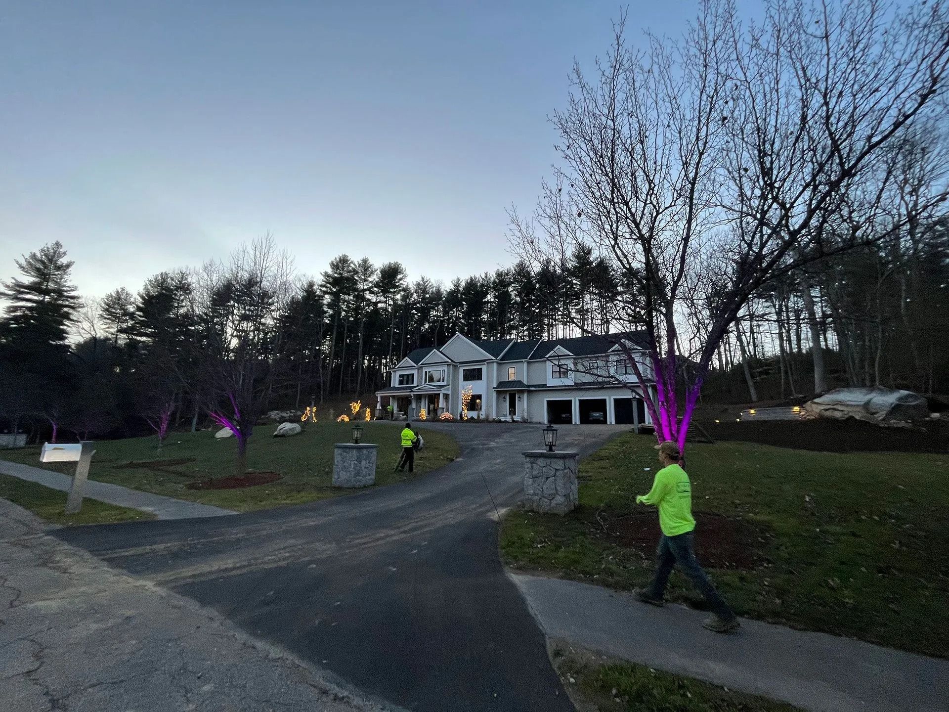 People in neon jackets walk near a large white house at dusk, with trees lit purple in the yard.