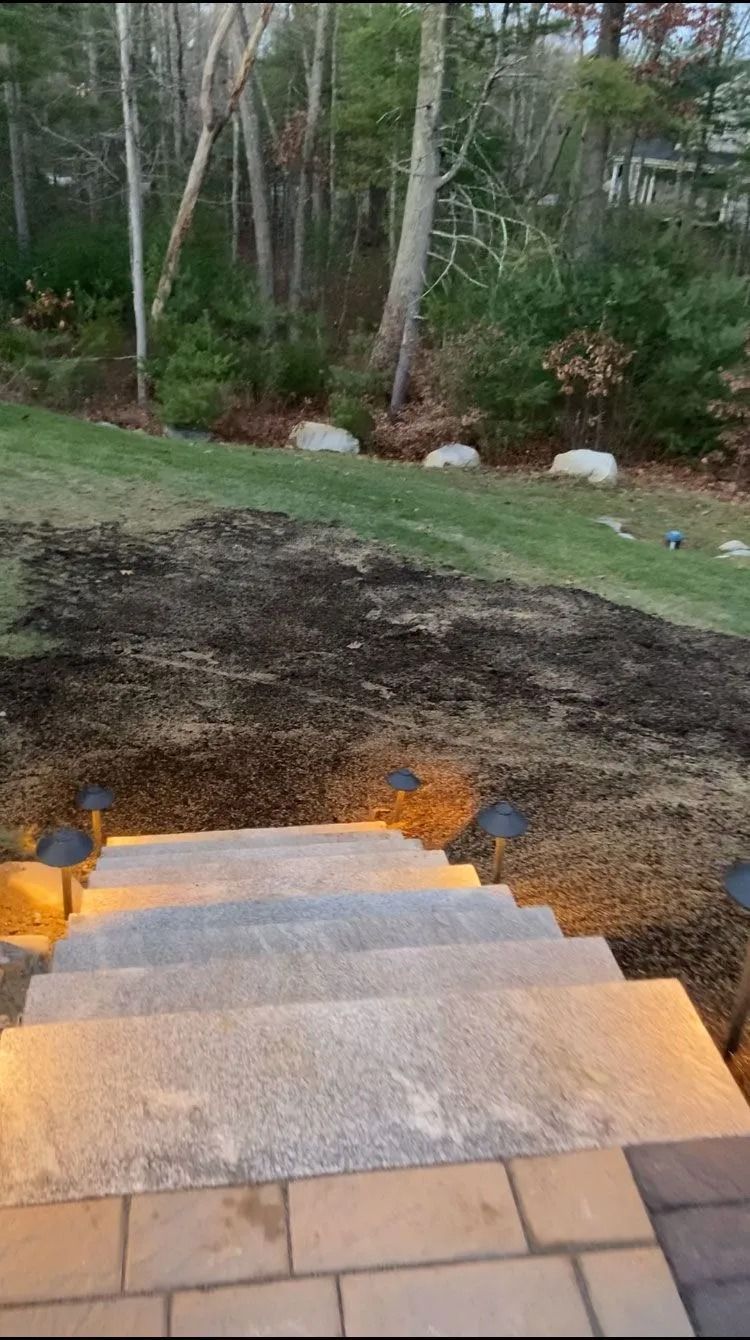 Stone steps leading to a grassy backyard and wooded area at dusk.
