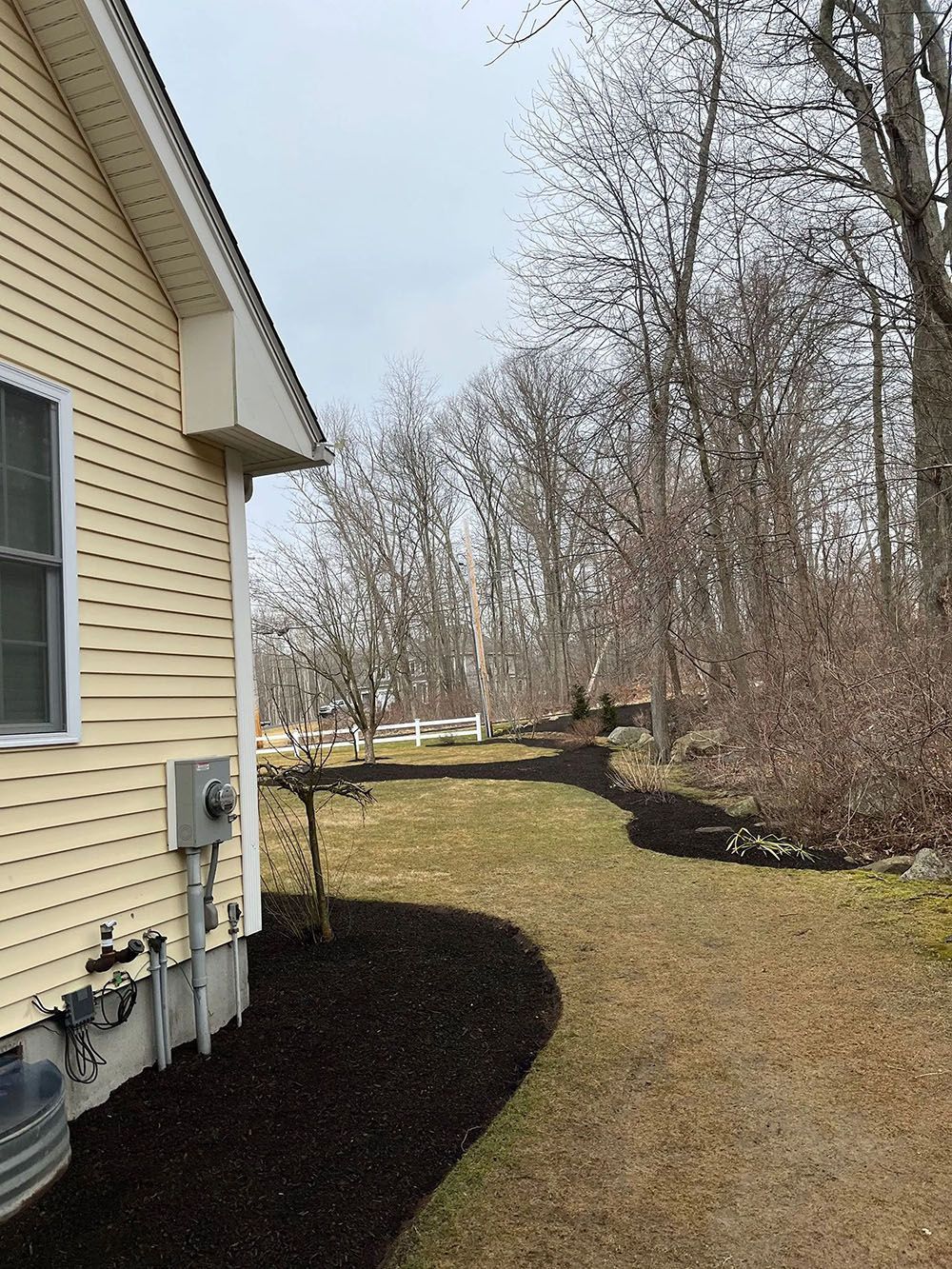 Side yard beside a yellow house with a curving gravel path, leafless trees, and dark mulch border