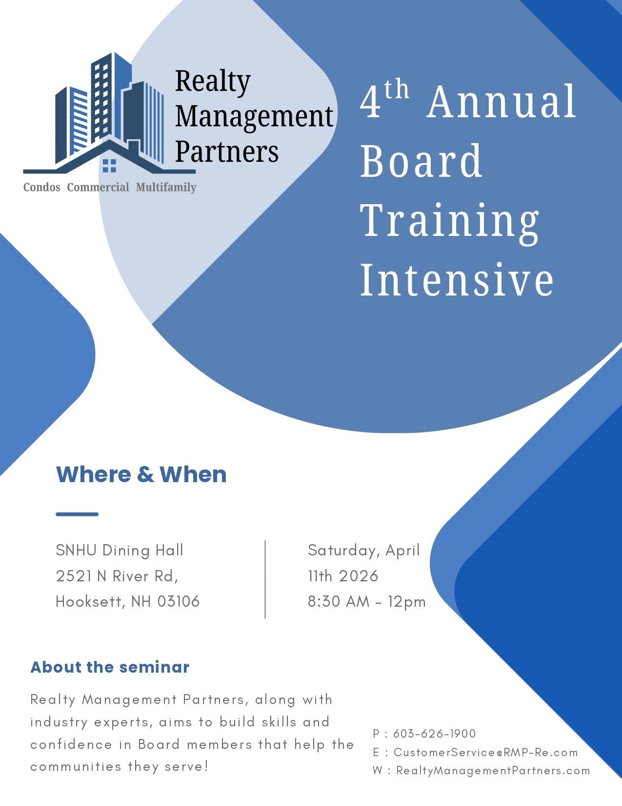 Flyer for Realty Management Partners' 4th Annual Board Training Intensive. Blue and white colors.