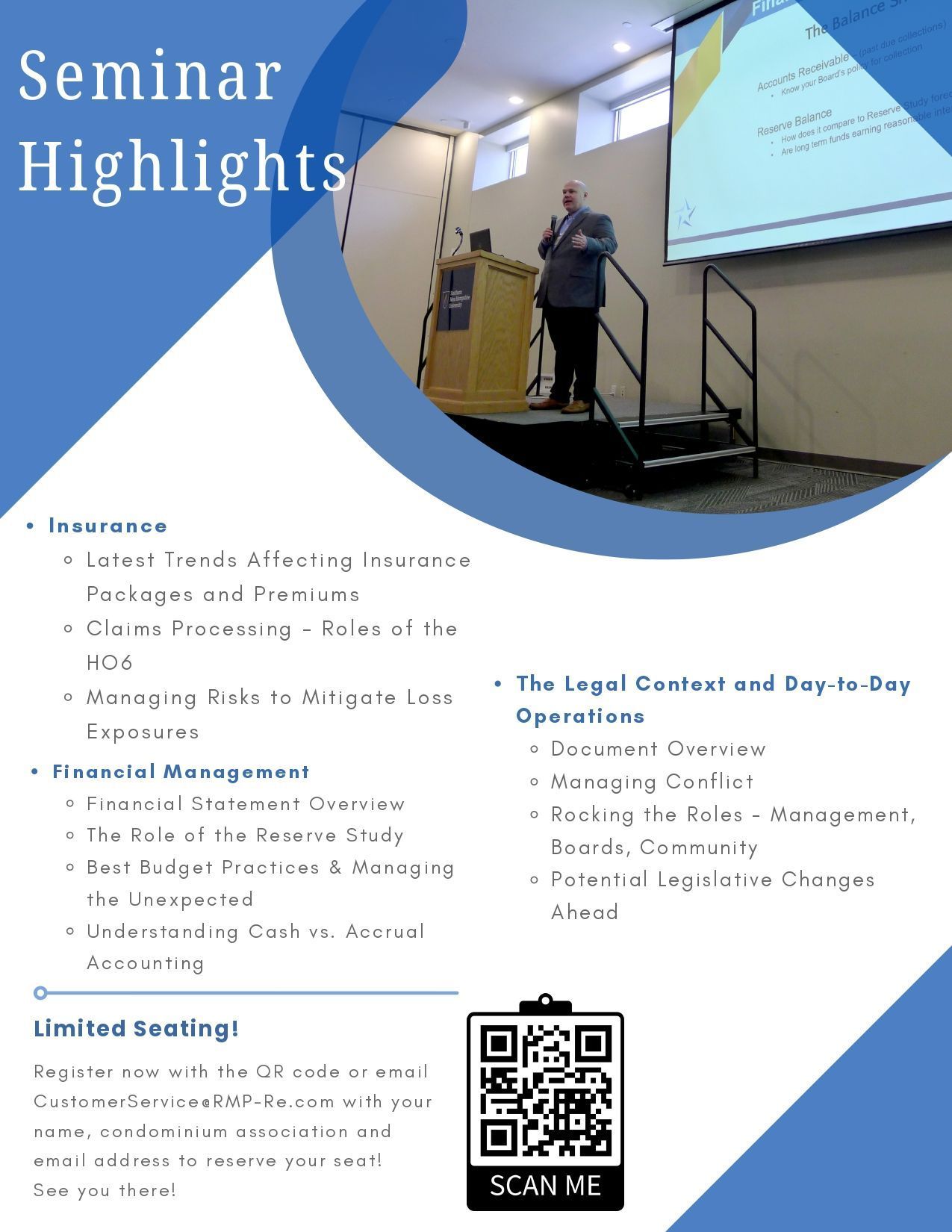 Seminar highlights flyer with a speaker on stage. Contains QR code and bullet points about insurance, financial management, and legal operations.