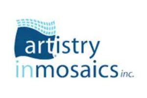 Logo for Artistry in Mosaics Inc. featuring blue wave shape with mosaic pattern and company name.