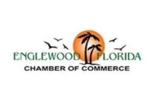 Englewood Florida Chamber of Commerce logo: a palm tree silhouette in front of an orange sun, with birds flying above.