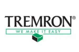 Tremron logo with black text on white background and green tagline: “We make it easy.” A green and black paving stone icon is below.