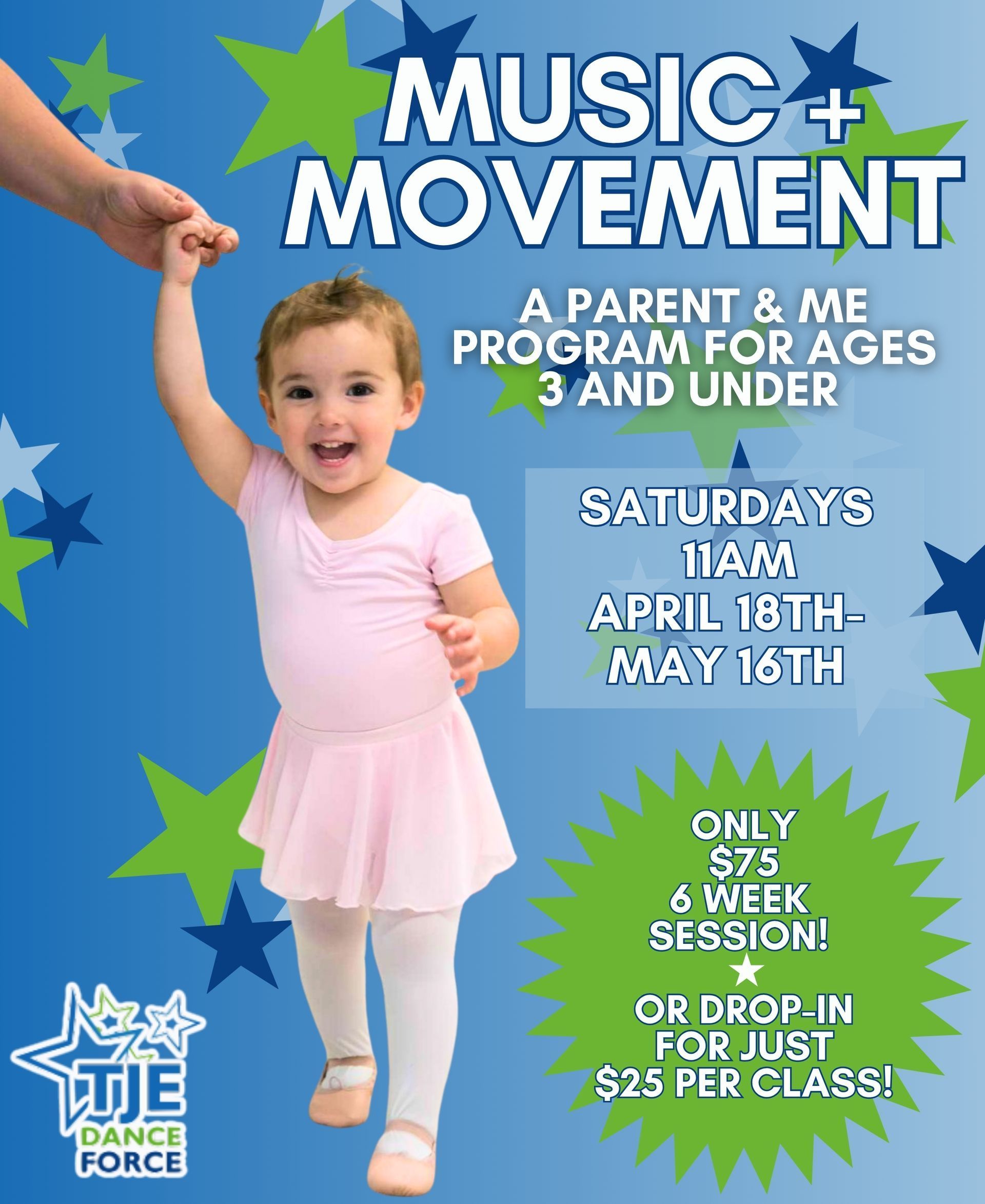 A flyer for a Music & Movement program for children, featuring a smiling child holding a hand, with event details provided.