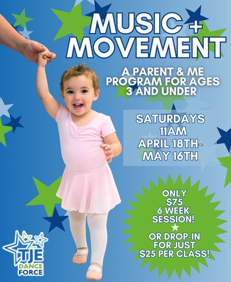 A flyer for a Music & Movement program for children, featuring a smiling child holding a hand, with event details provided.