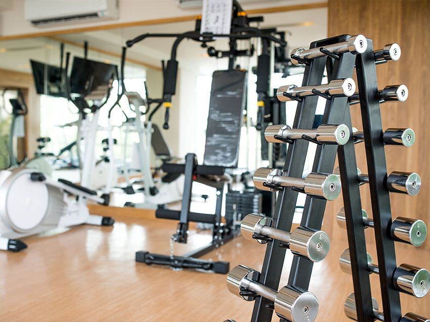 There are a lot of dumbbells in the gym.