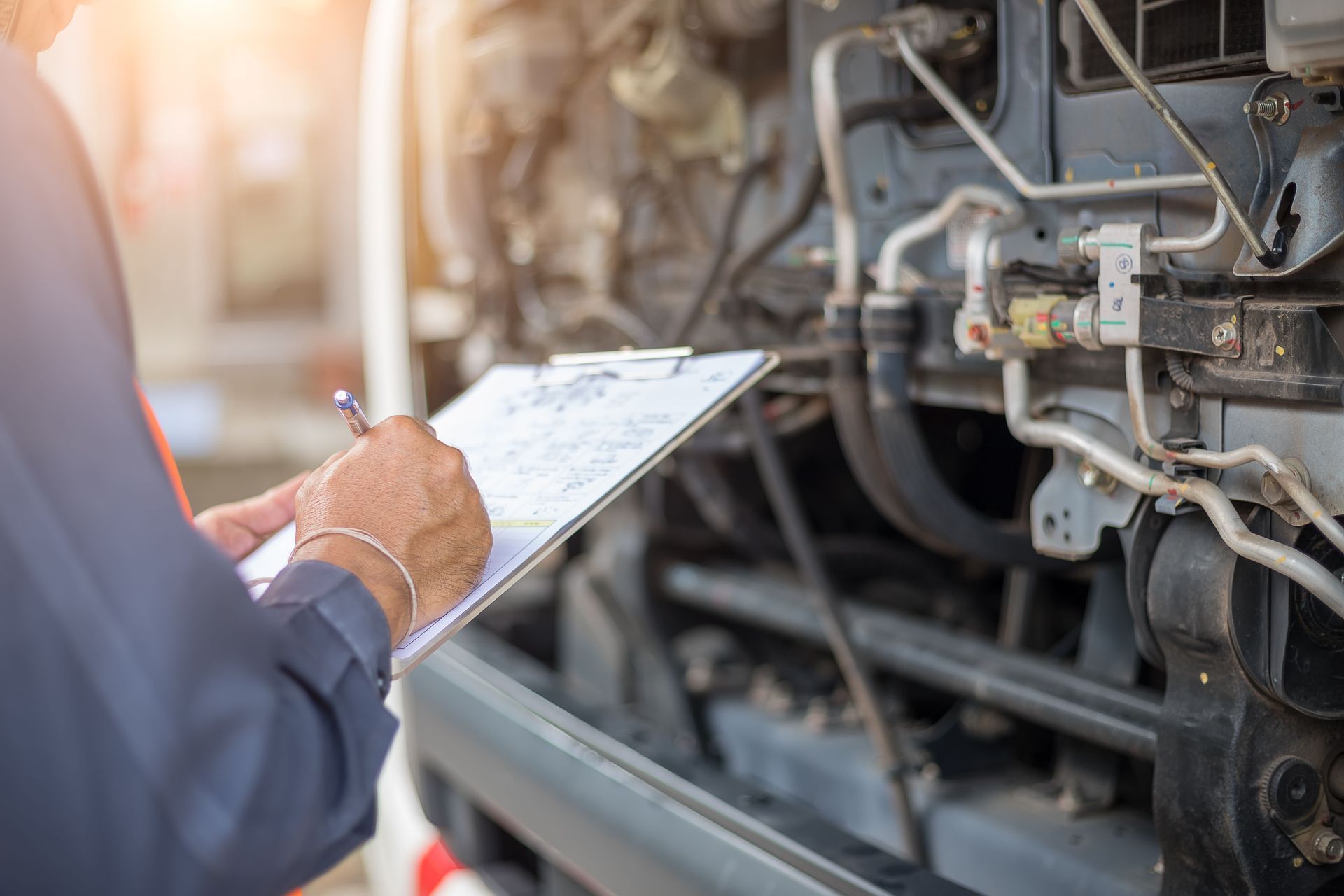 Mechanic inspecting vehicle engine, writing on clipboard.