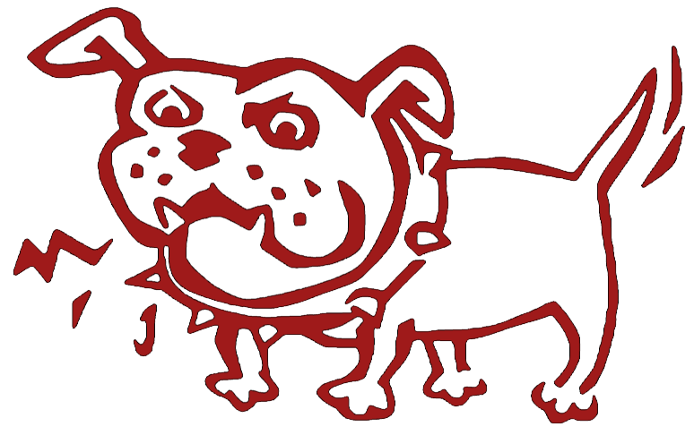 Red cartoon bulldog with an angry expression, wearing a spiked collar, and growling.