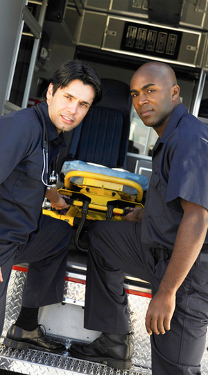 Two people inside a ambulance