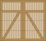 Wooden crate with diagonal braces and vertical slats in tan and brown tones