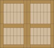 Wooden wall with four beige-paneled window or door sections in a 2x2 grid