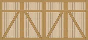 Two wooden crate doors with diagonal braces and slatted panels, side by side.