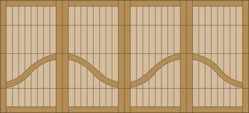 Wooden fence with vertical slats and a wavy decorative center panel in tan and brown.