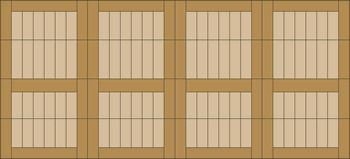 Wooden wall with eight rectangular panel openings or windows in a two-row grid
