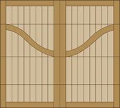Wooden double doors with frosted glass panels and a curved decorative stripe