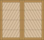 Wooden double doors with frosted glass panels and diagonal safety stripes