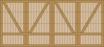 Wooden barn doors with diagonal braces, shown side by side in a tan frame.