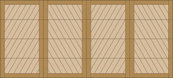 Four tan paneled window shutters with diagonal slats and brown frames