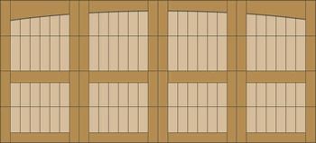 Brown wooden wall with eight cream-colored window-like panels in two rows