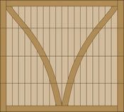 Wooden lattice screen with two curved tan beams meeting at the bottom center.