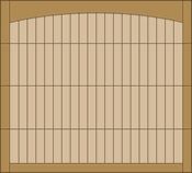 Beige wooden paneled wall with a curved top and vertical slats, framed by darker wood trim