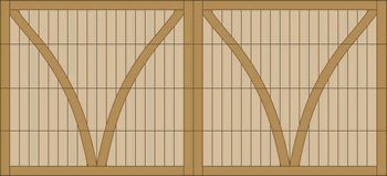 Two wooden crate doors with curved diagonal braces and vertical slats